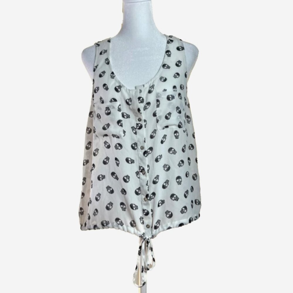 Havana Halloween Skull Sheer Tie Front Blouse M Boho Freebird Ivory Black EUC